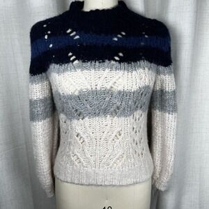 J‎ Crew Point Sur Womens XS Pointelle Blue White Cable Knit Sweater Colorblock